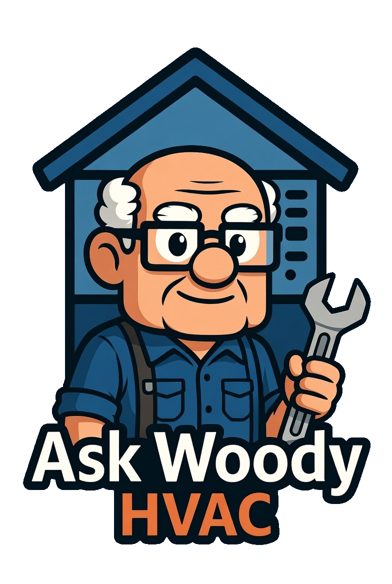 Woody, the Ask Woody HVAC mascot — friendly older HVAC pro in a blue shirt holding a wrench, in front of a house outline